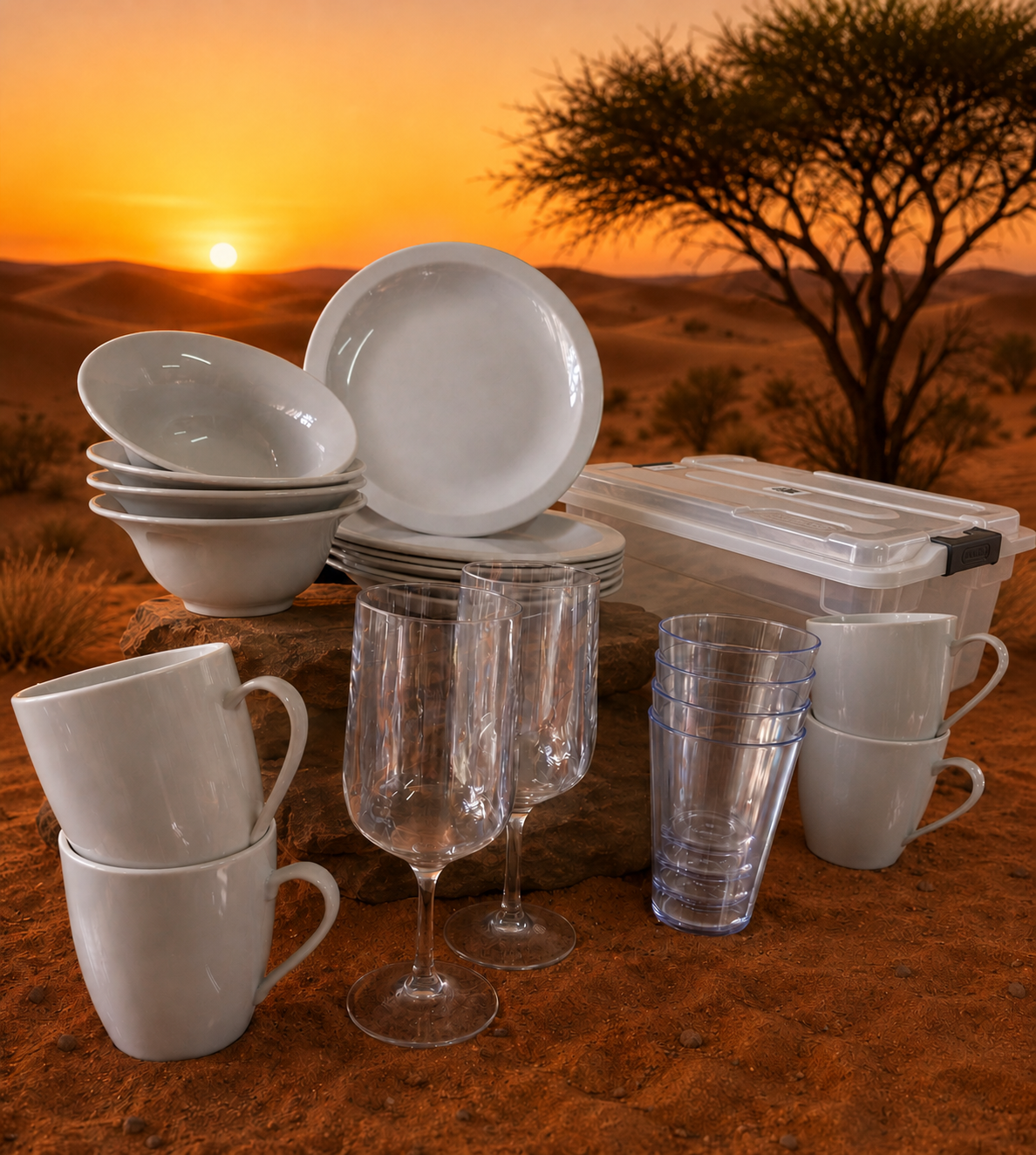 Dinnerware Set with Storage Container - full 19-piece set laid out
