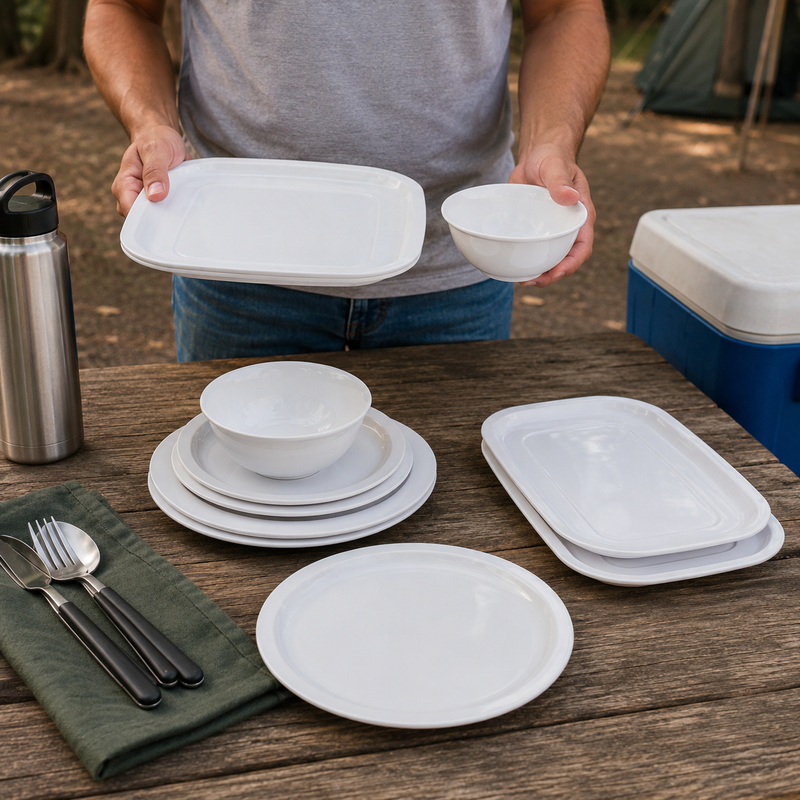 Plates and platters held in hand by the campfire
